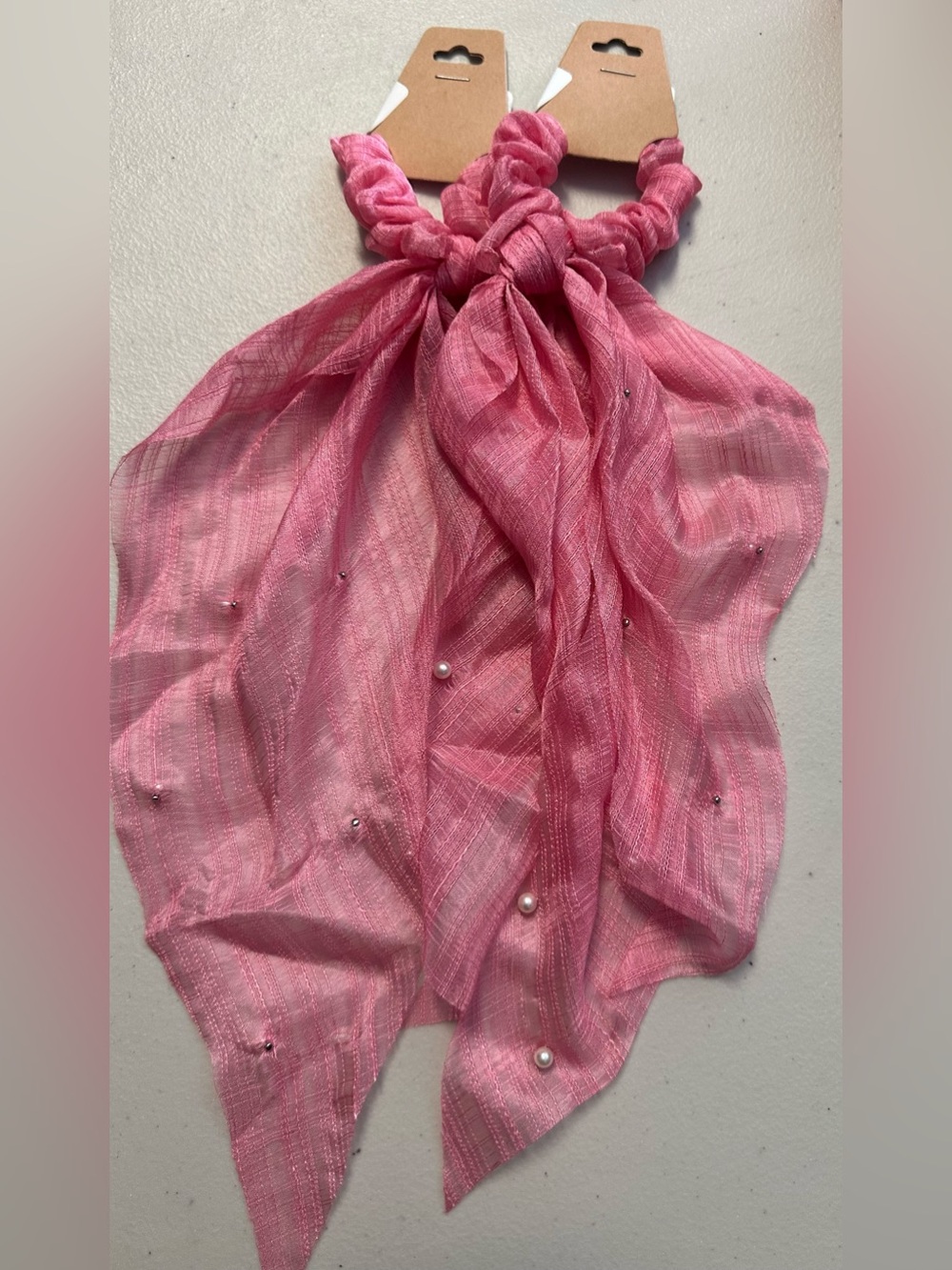 2pcs Pearled Pink Scarf Scrunchie - Feminine Hair Wrap